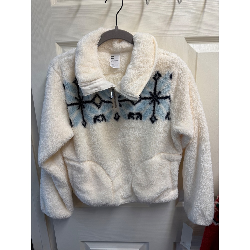 All In Motion Girls XL 14 Sherpa Fleece 1/2 Zip Pullover Snowflake Cream Blue